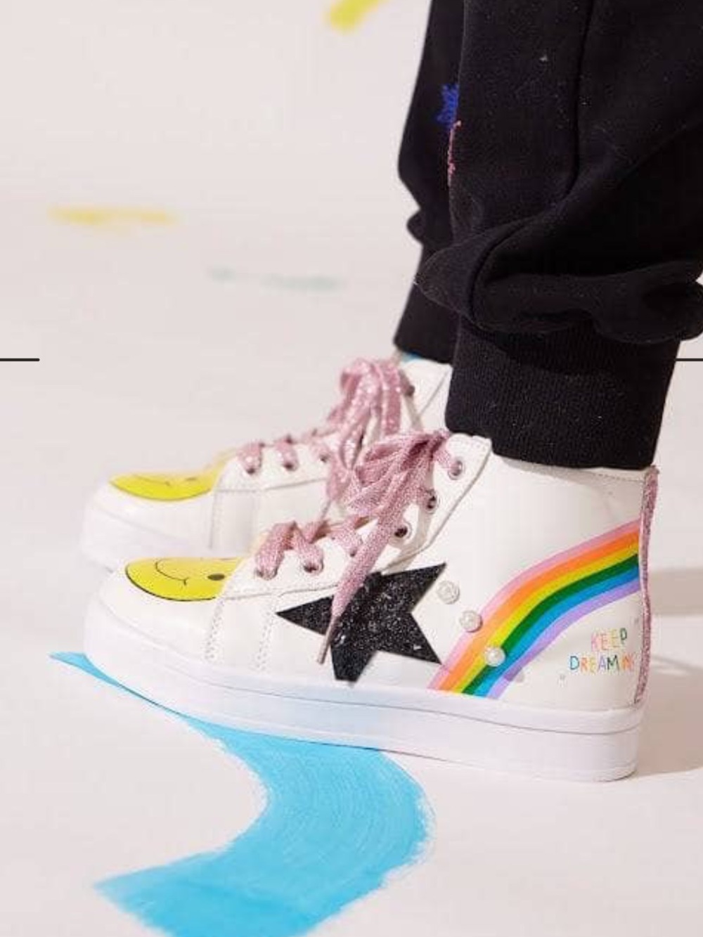 NWT Lola + The Boys High-Top Sneakers with Rainbow, Black Star & Pink Laces